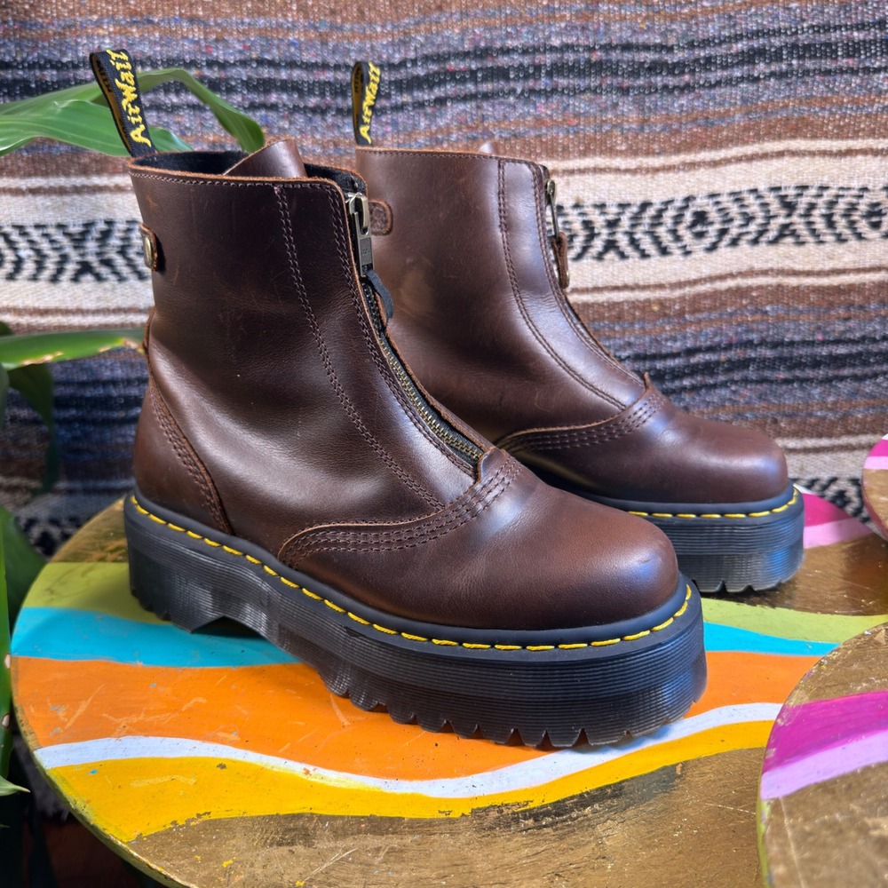 Dr. Martens Jetta Dark Brown Leather Front Zip Quad Platform Boots Womens 7